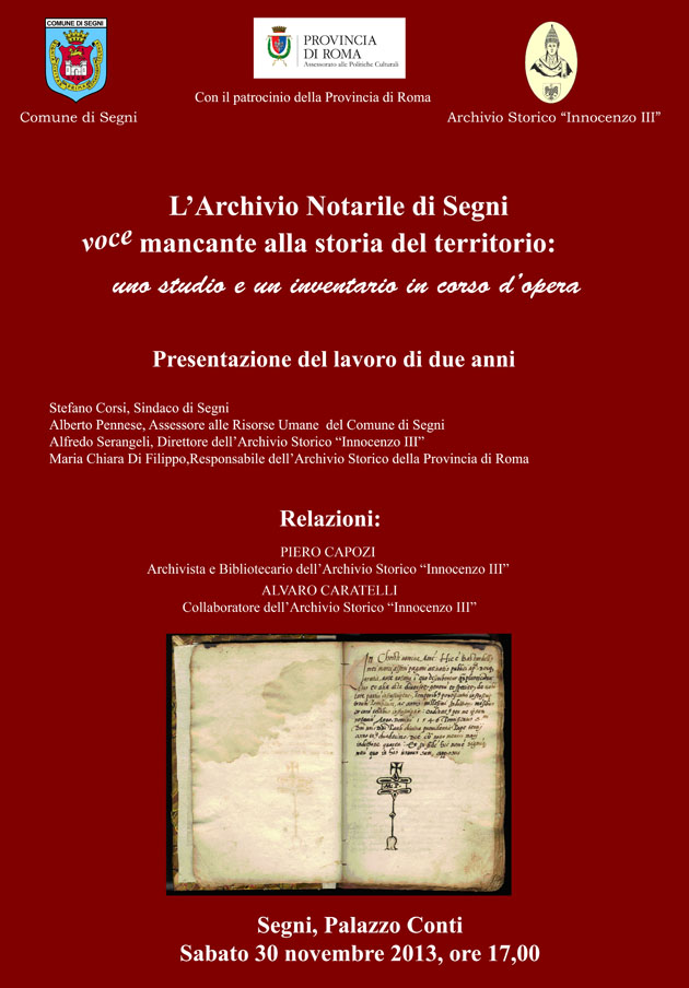 Segni. Archivio Notarile domani un incontro per presentare il